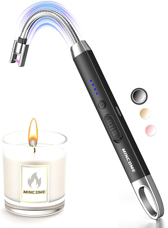 Candle Lighter, Windproof Flameless Electric lighters, Long Lighter with 360° Neck & Safety Switch, USB-C Rechageable Arc Lighters for BBQ & Candle (Black)