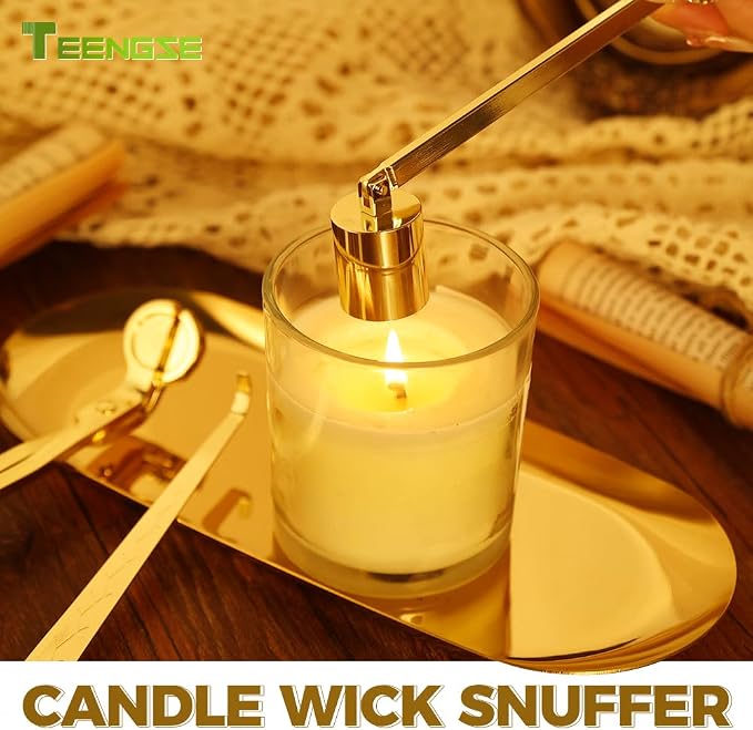 4 in 1 Candle Accessory Set with Storage Tray Plate, Candle Wick Trimmer, Candle Wick Snuffer, Candle Wick Dipper (Gold)