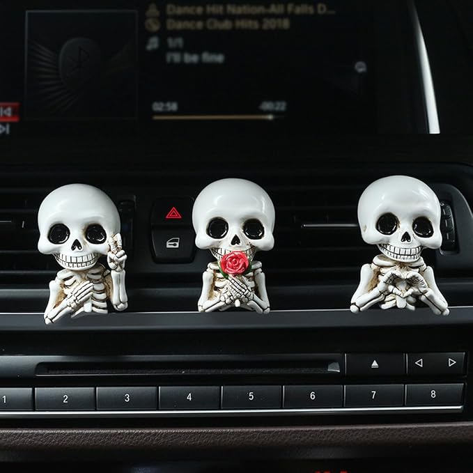 Set of 3 Halloween Skull Decor Cute Car Air Freshener Vent Clips, Resin Skeleton Holding Rose Car Diffuser Romantic Dashboard Decorations Auto Interior Accessories for Men Women