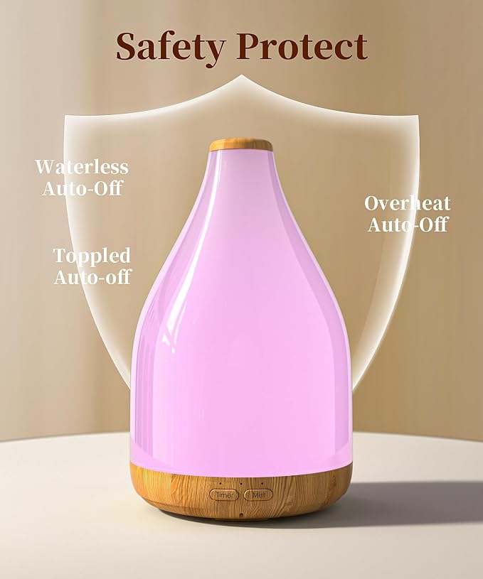 Large Essential Oil Diffuser for Home, Drop-Shape Aroma Diffusers 300ML for Aromatherapy, Air Scent Fresh, Ultrasonic Cool Mist Humidifier & LED Light, 1-3-6H Timer Auto Shut-Off, Brown