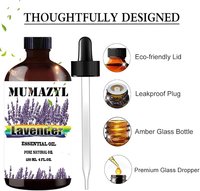 Lavender Essential Oil, Lavender Oil 4 Fl Oz 120ML for Diffuser Humidifier Yoga Cleaning DIY Candle Soap Making MUMAZYL Essential Oils