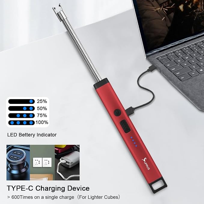 SUPRUS Rechargeable Candle Lighter Electric Arc Triple Safety Long Lighter Stainless Steel Shell & Hanging Hook (Red)