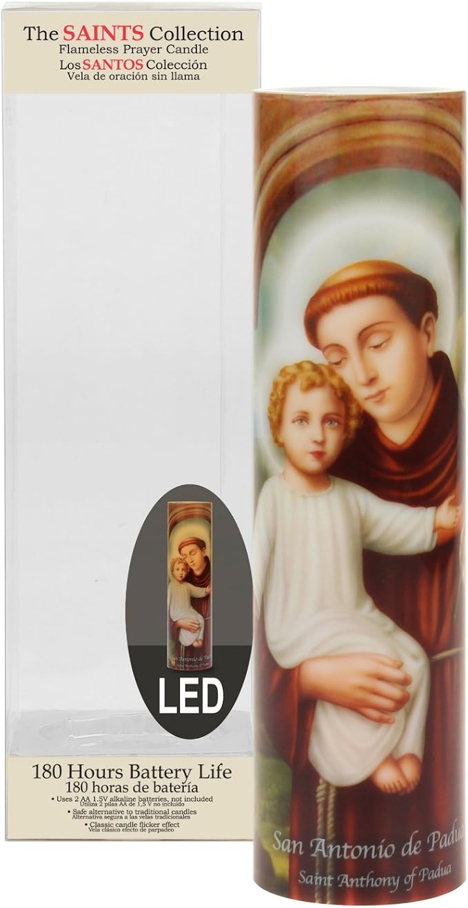 Saints Collection St. Anthony Flickering LED Prayer Candle - English & Spanish Prayers, Unique Religious Decoration for Altar, Mantle or Home