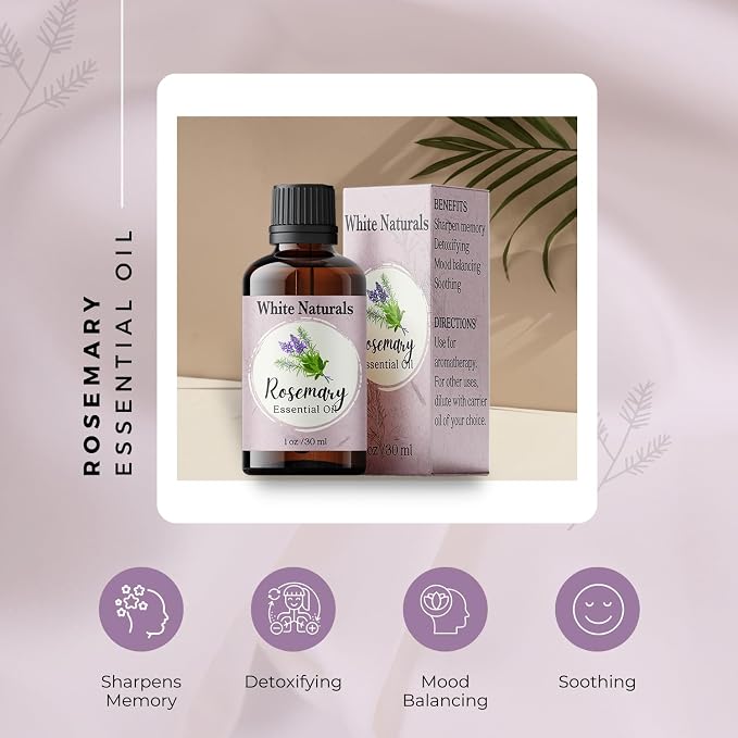 White Naturals Organic Rosemary Essential Oil, 100% Pure & Natural, 1 Fluid Ounce, Aromatherapy, Vegan, Non-GMO, Strengthening, Conditioner, DIY Soap Making