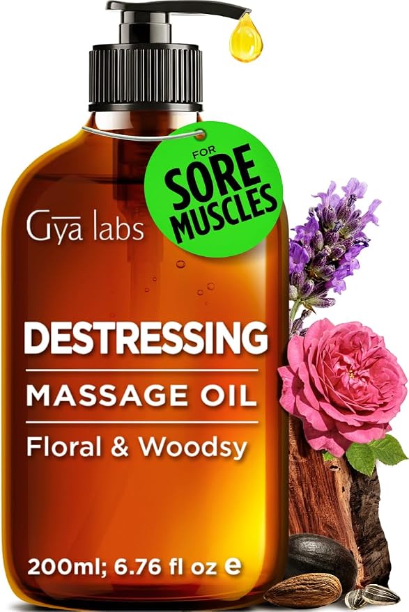 Gya Labs Destressing Massage Oil - 6.76 Fl Oz - Targets Tension for Spa-Like Massages, Lavender Massage Oil for Skin - Premium Ingredients, Non-GMO and Cruelty-Free