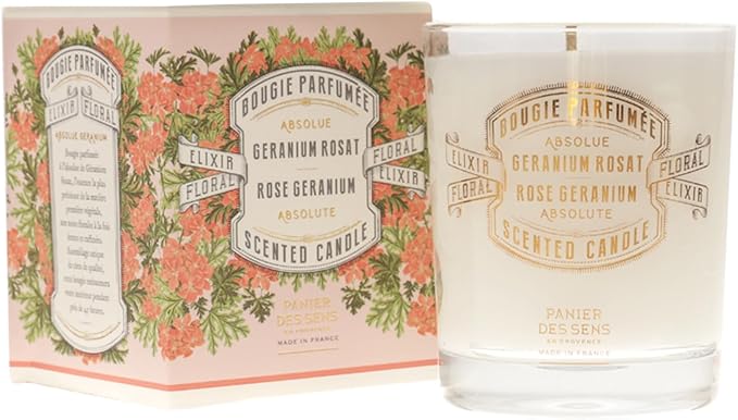 Panier des Sens Rose Geranium Candle - Hand-Poured in Provence, France - Long Lasting Scented Candles - up to 55 Hours Burn Time - Rose Geranium Scented Candle - 100% Natural Cotton Wick - 6.3 oz