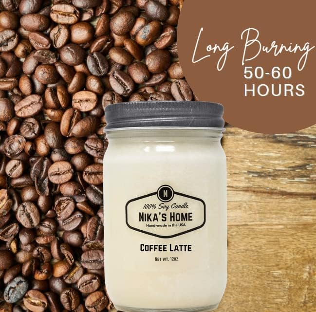 Nika's Home Coffee Latte Soy Candle - 12oz Mason Jar - Non-Toxic - Hand Poured in The USA, Long Burning 50-60 Hours Highly Scented All Natural, Clean Burning