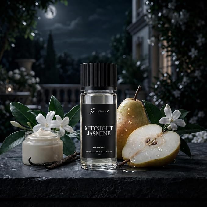 Scentiment Midnight Jasmine Diffuser Oil - Premium Hotel Scent with Notes of Jasmine, Vanilla Crème & Pear Nectar Home Scent, Hotel Fragrance Oil Diffuser Refill - 1.69 fl oz (50 mL)