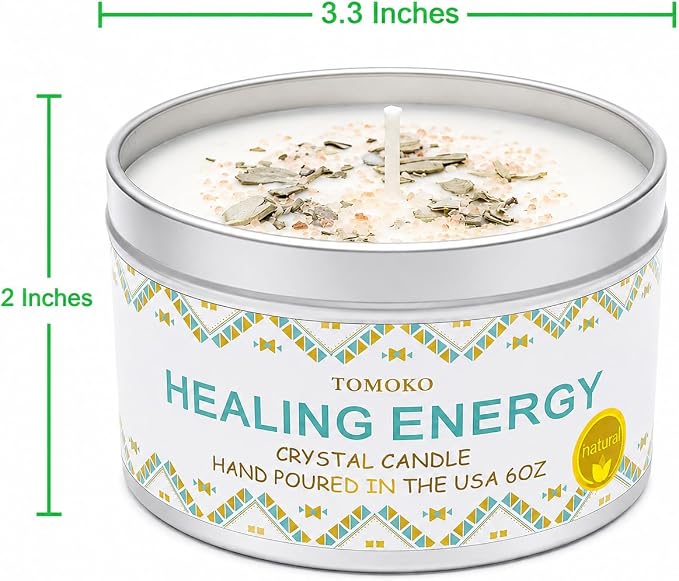 White Sage Candle, Sage Leaf, Himalayan Crystal Salt & Essential Oil, Healing Energy, Crystal Candle