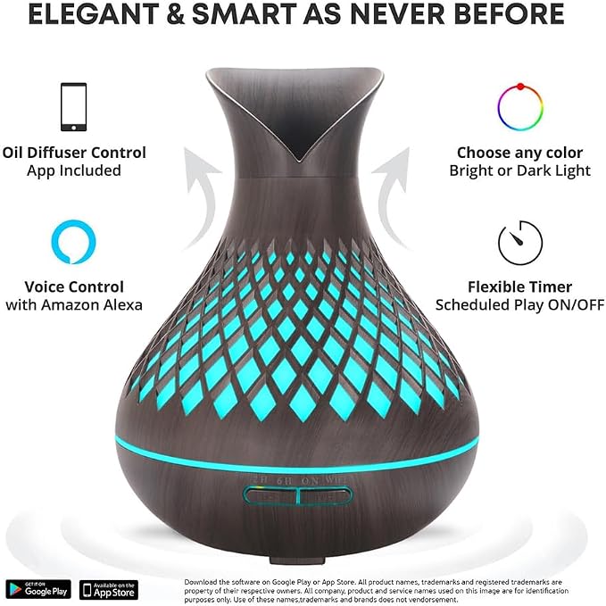 Smart WIFI Essential Oil Diffuser, 500ml Aromatherapy Diffuser Humidifier for Large Room, Works with Phone App & Alexa Google Home Voice Control, 7 LED, Create Schedules and 4 Timer, Auto Shut-Off,Dar