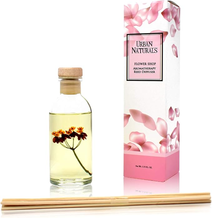 Urban Naturals Flower Shop Reed Diffuser Gift Set | Violets, Daisies, Hyacinth & Rose Fragrance Notes | Real Flower Inside the Bottle! Made in the USA | Great Gift for Mom