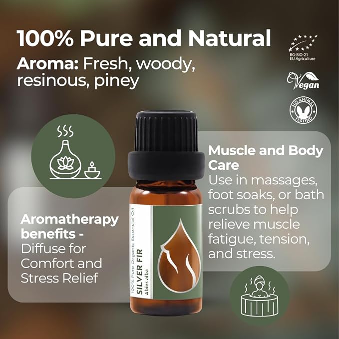Essences Bulgaria Organic Silver Fir Essential Oil 1/3 Fl Oz | 10ml | Abies alba | 100% Pure and Natural | Undiluted | Therapeutic Grade | Family Owned Farm | Steam-Distilled | Non-GMO | Vegan