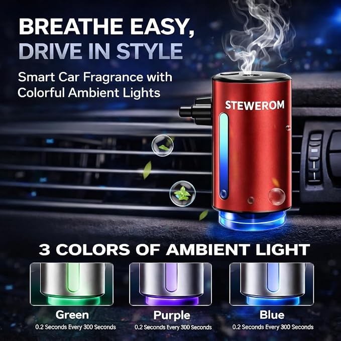 Car Air Freshener - Smart Adjustable 3-Speed Intensity, Rechargeable Humidifier Car Essential Oil Diffuser - Comes with 8 Bottles of 10ml Perfume (Red)
