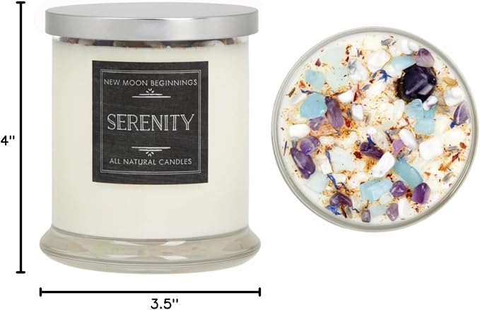 Lavender Chamomile Candle by New Moon Beginnings - Calming Energy Candle - Crystal Candle & Herb Candle - Aromatherapy Candle - Essential Oil Candle (12 Ounce Round Glass)