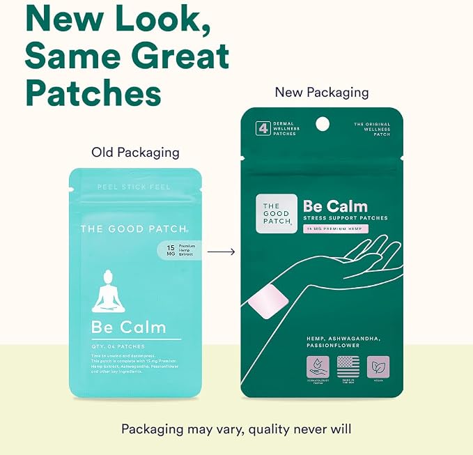 The Good Patch Be Calm Patch with Hemp, Supports Relaxation, Natural Patch with Hemp Extract, Ashwagandha Root, Passionflower, Plant Powered Wearable Wellness, Sustained Release (8 Total Patches)
