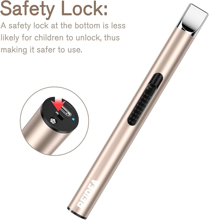 REIDEA Electronic Candle Lighter - USB Rechargeable with Security Lock, Windproof, Non-Slip Switch for Candle, Grill, Camping (Champagne Gold + White)