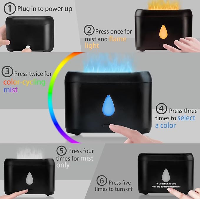 Flame Diffuser for Essential Oils, 200ml Ultrasonic Aroma Diffusers with Cool Mist, Aromatherapy Diffuser with Auto-Off Protection, Small Humidifier for Home,Office,Bedroom,Gift (7 Colors Black)