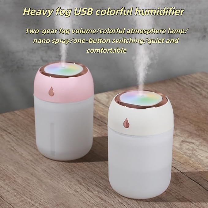 Portable Mini Humidifier for Bedroom, Office, Car, USB Personal Humidifier with LED Lights, 330ML Capacity, Auto Shut-Off, Aromatherapy Diffuser