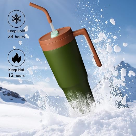 Konokyo Insulated Tumbler with Handle and Straw,40 OZ Vacuum Stainless Steel Water Bottle Travel Mug Metal Cup with Fruit Diffuser,Forest Green