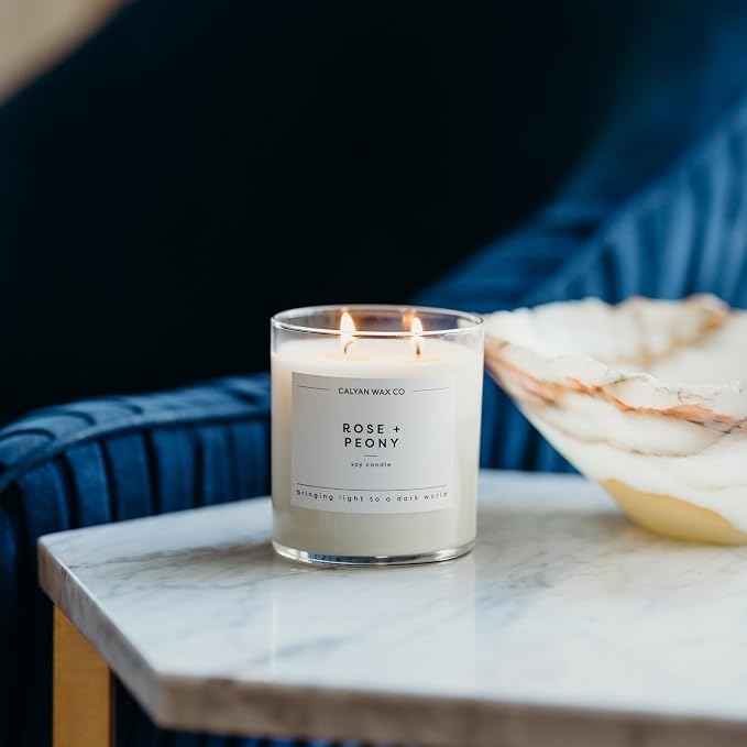 Calyan Wax Co. Rose & Peony 2 Wick Scented Candle - 37 Hour Burn - Luxury Clean Soy Wax Candles - Long Lasting Large Glass Jar Candle for Home - 8.8oz
