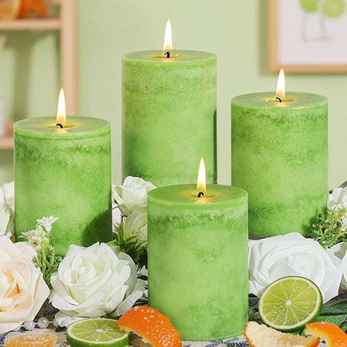 4 Pack Candied Citrus Scented Pillar Candles,Natural Essential Oils,60H Long Burning,Non-Toxic Smokeless Candles for Home Decor,Aromatherapy to Stress & Anxiety Relief,Daily Relaxation(2.8x4in)