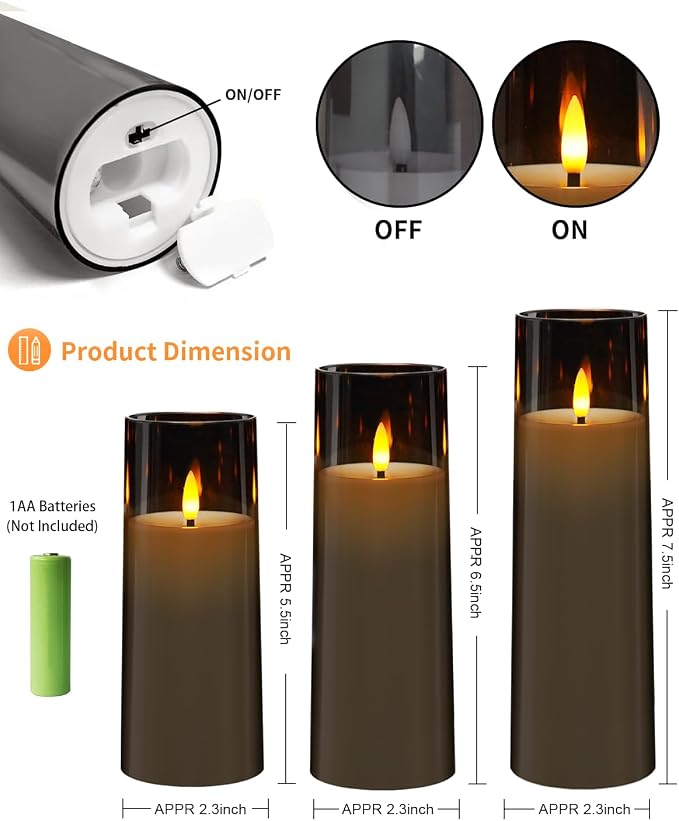 kakoya Flickering Flameless Candles Battery Operated with Remote and 2/4/6/8 H Timer Plexiglass Led Pillar Candles Pack of 9 (D2.3 xH5.5 6.5" 7.5") with Realistic 3D Wick Candles for Home Decor(Grey)