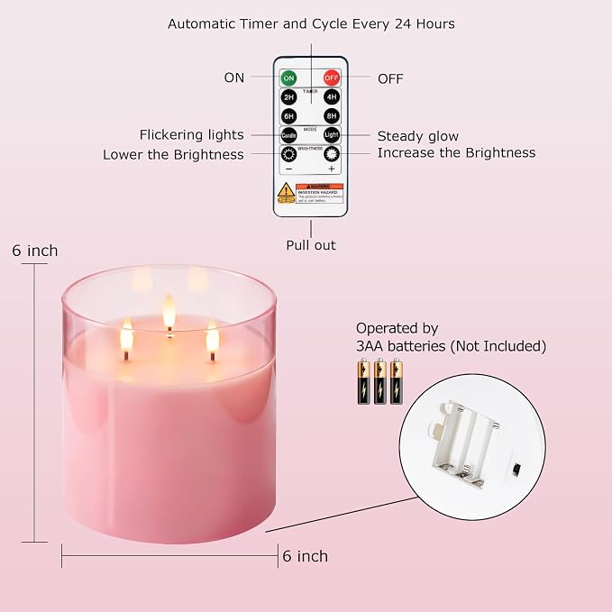 Homemory 6x6 Extra Large Flameless Candle with 3 Wicks, Pink Glass LED Pillar Candle, Real Wax Battery Operated Candle with Remote and Timer, Flickering Flameless Candle Home Wedding Valentine Decor