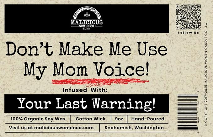 Malicious Women Co. Don’t Make Me Use My Mom Voice | Berry Bellini Scented Soy Candle | 9oz Handmade Natural Wax Jar Candle | Funny Mother’s Day Gift | Home Fragrance Gift for Mom