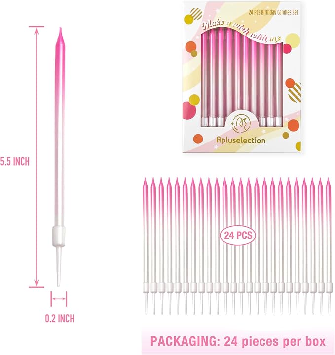 24-Count Gradient Pink Birthday Candles, 5.5" Long Thin Cake Candles for Birthday Party, Wedding, Celebration, Cake Cupcake Decorations