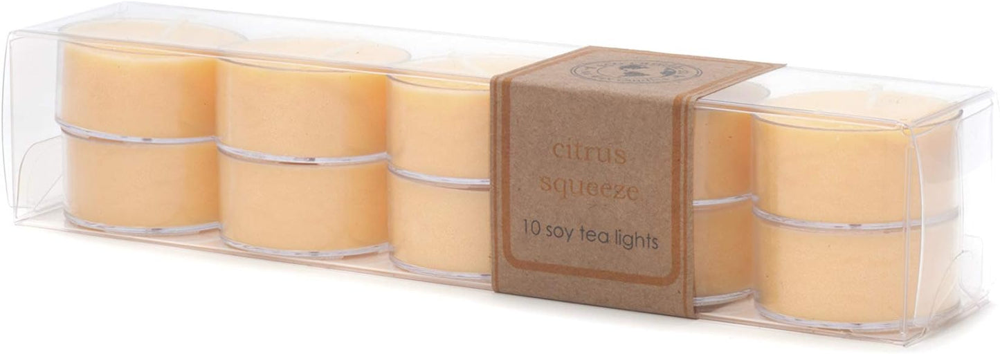 Eco Candle Co. Tea Light Candles, Citrus Squeeze, 10-Pack - Scents of Orange, Tangerine, Grapefruit, Lemon, & Lime - Recyclable, 100% Soy Wax, No Lead, Hand Poured, Midwest Soybeans, .6 oz. Each