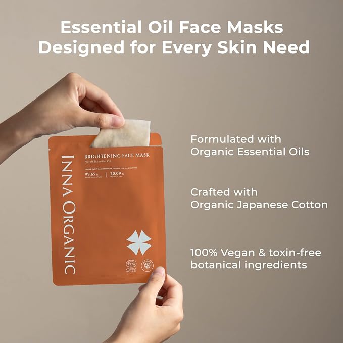 INNA ORGANIC Organic Sheet Mask - Brightening & Radiance, EWG & COSMOS Certified (Pack of 5) | Neroli Essential Oils Infused Skin Care | Luxury Clean Beauty
