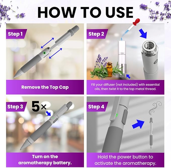 Aromatherapy Writing Pen Battery with Real Ink Tip and Hidden Diffuser Port, Soft Touch Ballpoint for Note Taking, Signature, and On-The-Go Relaxation, Rechargeable Wellness Gift for Office (Silver)