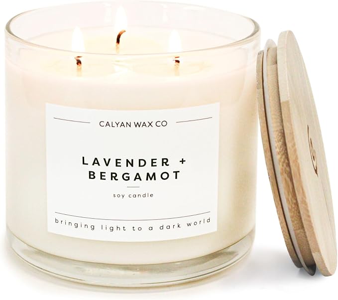 Calyan Wax Co. Lavender & Bergamot 3 Wick Scented Candle - 43 Hour Burn - Luxury 3 Wick Soy Candles - Soy Wax Candles - Long Lasting Large Glass Jar Candle for Home - 14.9oz