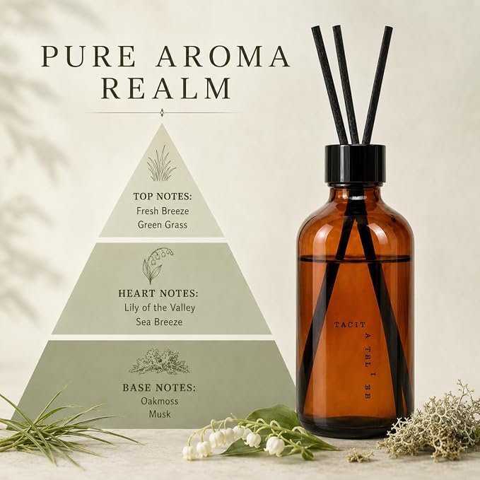 Pure Aroma Realm Reed Diffuser Set, 6.7 fl oz, Clean Fresh | White tea, lemon leaf & mint scent; alcohol-free formula; for bathroom, entryway & yoga room