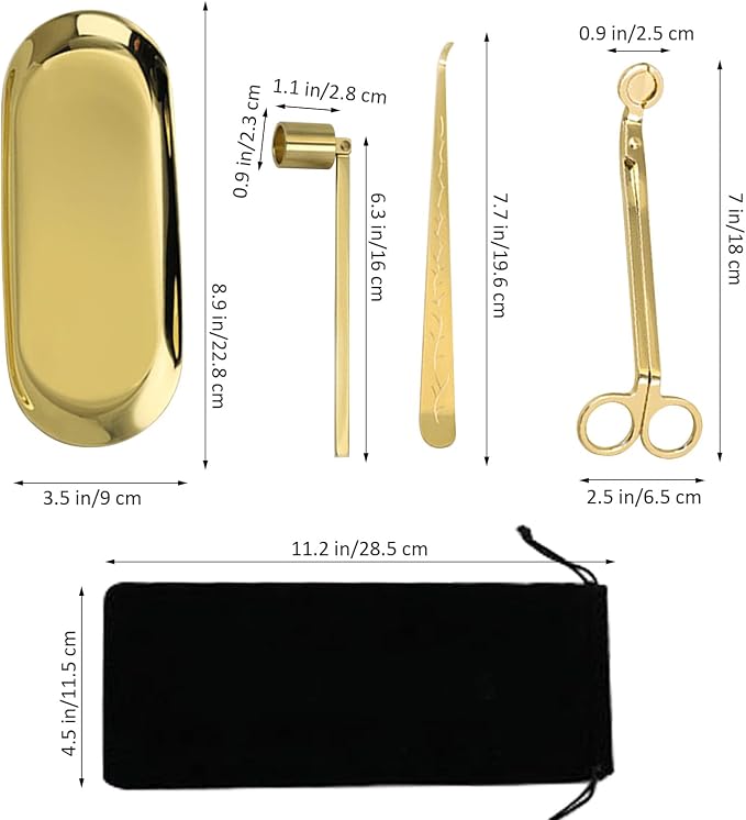 4 in 1 Candle Accessory Set, Candle Snuffer, Candle Wick Cutter, Candle Dipper, Storage Tray Plate, Candle Care Kit with Velvet Pouch for Candle Lover (Gold)