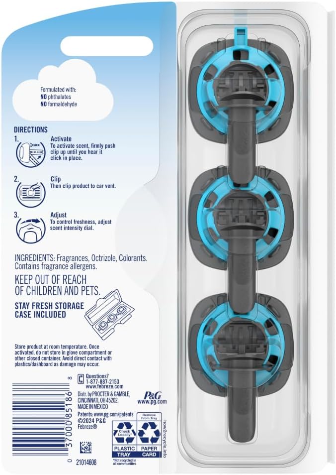 Febreze Car Air Freshener, Odor-Fighting Automotive Vent Clip, Linen & Sky Scent, 3 Count