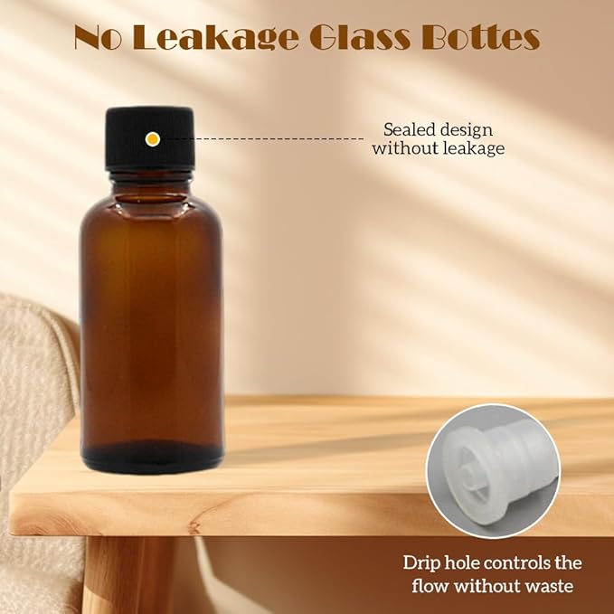 6Pcs Amber Glass Essential Oil Bottles with Orifice Reducer and Black Cap Empty Cosmetic Perfume Aromatherapy Storage Container Vial Pots Portable Refillable size 10ml/0.33oz