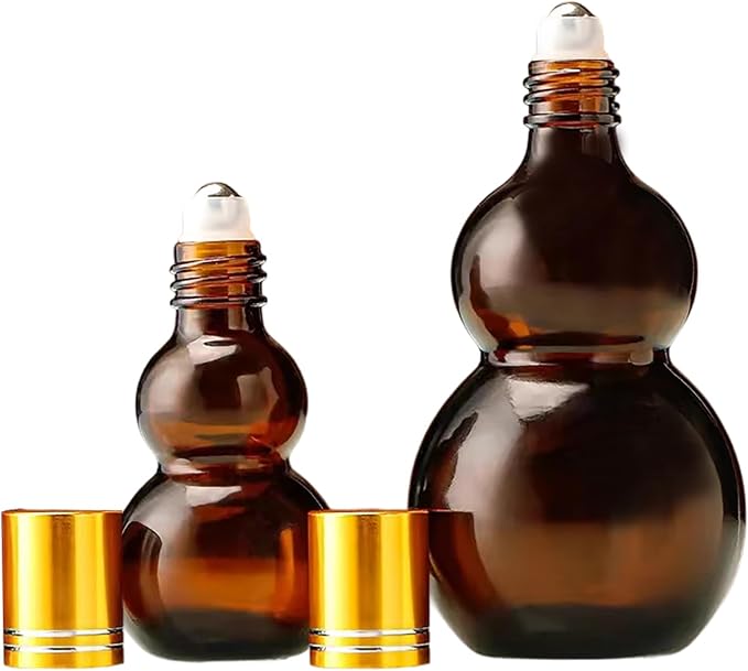 Essential Oil Roller Bottles, 50ml Amber Gourd Shaped Glass Roller Bottles with Stainless Steel Roller Ball, for Travel,Perfume (Amber-Gold Cap, 50ML)