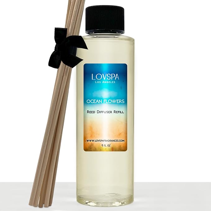 Ocean Flowers Reed Diffuser Oil Refill, 4 oz, Room Scent, Spa Aroma | Verbena, juniper, and lily profile, includes replacement reeds, bathroom decor, beach house, entryway, powder room