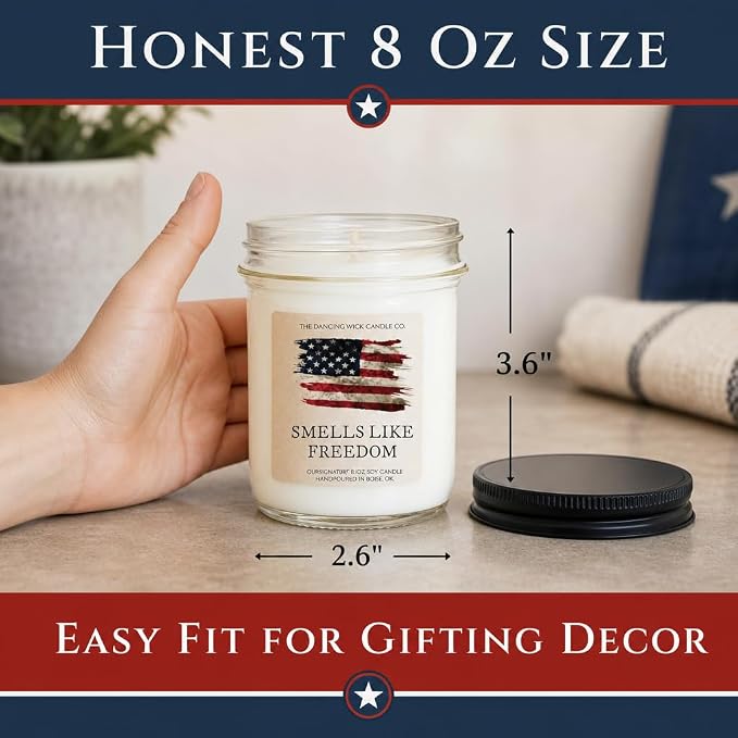 The Dancing Wick Smells Like Freedom Candle, 8oz, Handcrafted Soy Wax, Gunpowder, Vanilla, Musk Scent, Made The in USA - 4th of July Patriotic Gift Décor (Smells Like Freedom)