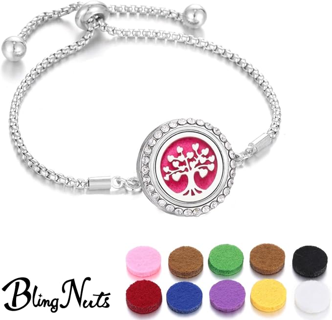 Stainless Steel CZ Essential Oil Diffuser Bracelet Love Heart Tree of Life Aromatherapy Locket Bracelet with 10 Pcs Refill Pads for Women