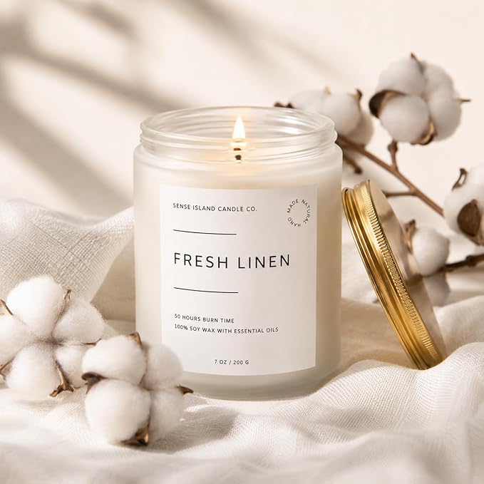 Fresh Linen Scented Candle for Home Scented 50+ Hrs Long Lasting100% Natural Soy Wax Clean Linen | Candle Gifts for Women Men Highly Scented House Warming Gifts