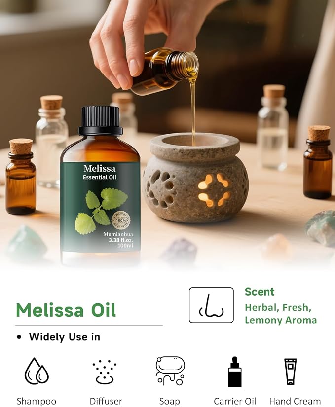 Melissa Essential Oil, Pure Melissa Oil Mumianhua Lemon Balm Oil, Uplifting Citrus-Herb Scent for Diffuser, Skin, Hair & Personal Care, 3.38 Fl Oz