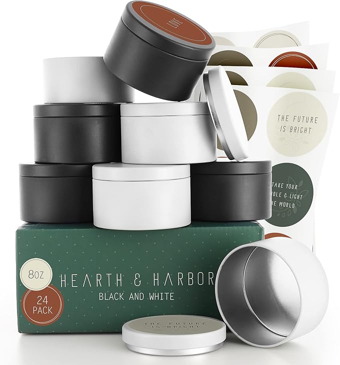 Hearth & Harbor Tin Candle Jars for Making Candles - DIY Candle Containers with Lids - Metal Candle Jars - Bulk Tins Storage for Candle - (24 Pieces) - (8 Ounces) - Solid Black and White