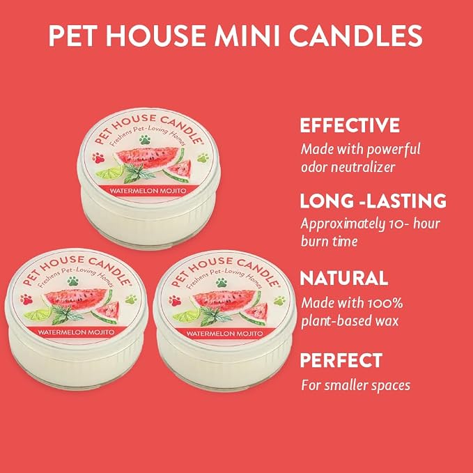 Pet House Mini Candles for Pet Odor Made with Natural Soy Wax, Plant Based, Dog and Cat Friendly Scented Candles, Watermelon Mojito Pack of 3