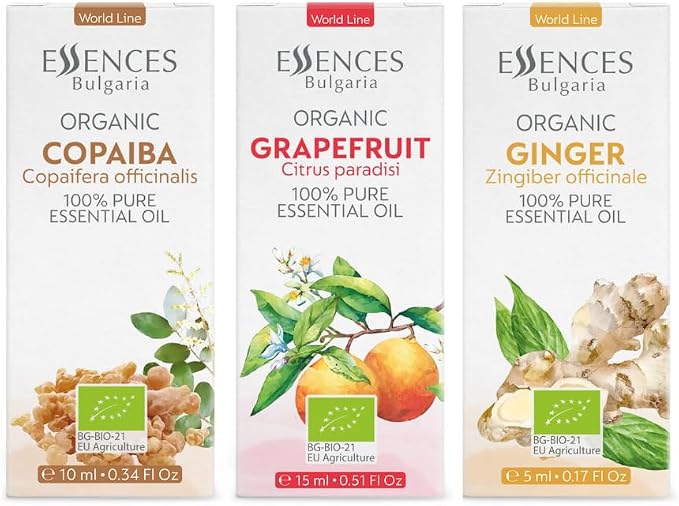 Set Fresh Harmony Organic Essential Oils |1 Fl Oz | Grapefruit (15ml) + Ginger (5ml) + Copaiba (10ml) | 100% Pure and Natural | Undiluted | Non-GMO | 3 pcs