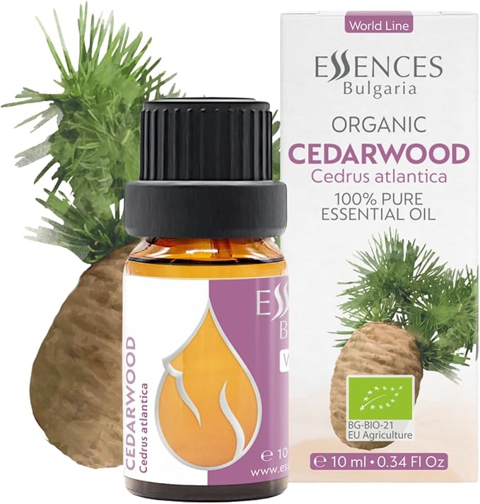 Essences Bulgaria Organic Cedarwood Essential Oil 0.34 Fl Oz 10ml Cedrus atlantica - 100% Pure Natural Undiluted Therapeutic Grade for Aromatherapy with Diffuser Humidifier DIY Men Cologne