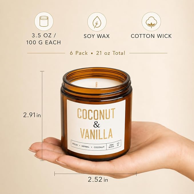 Coconut Vanilla Candles, 6 Pack Scented Candles 3.5 oz Each, 21 oz Total Soy Candles in Amber Glass Jars, Aromatherapy Candle Set for Home, Bathroom, Gifts for Women and Mom