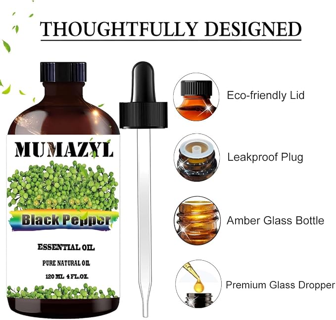 Black Pepper Essential Oil, Black Pepper Oil 4 Fl Oz 120ML for Diffuser Humidifier Yoga Cleaning DIY Candle Soap Making MUMAZYL Essential Oils
