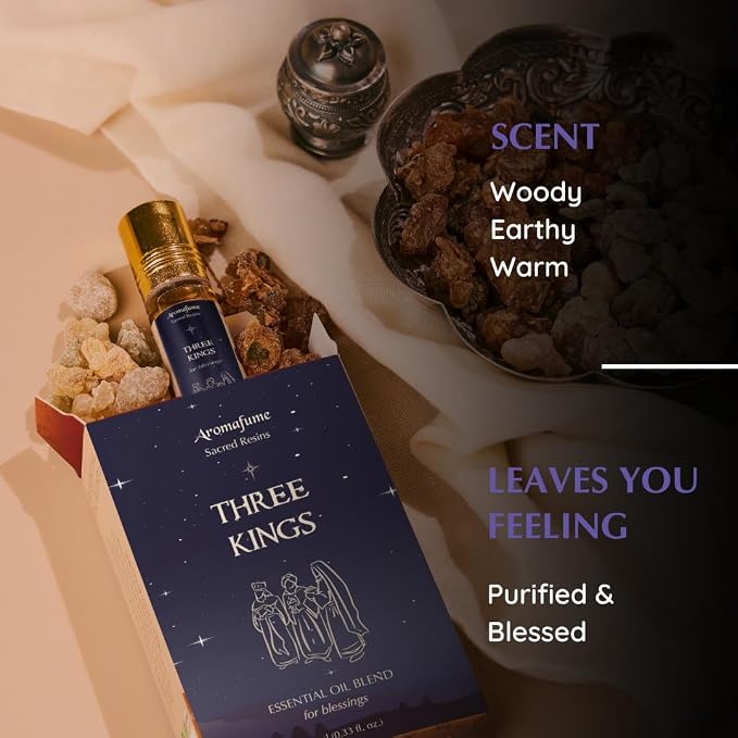 Three Kings Resin Essential Oil Roll-On | 1 x 10ml / 0.33 fl oz by Aromafume| Ideal for Spirituality & Rituals | Made with Pure Boswellia, Serrta & Natural extracts | Non-Alcoholic, Non-Toxic & Vegan